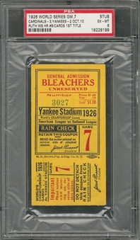 1926 NY Yankees WS Ticket Stub - Game 7 Yanks vs Cardinals at Yankee Stadium - Ruth WS HR #8, Cards Win 1st WS Title - PSA/DNA EX-MT 6
